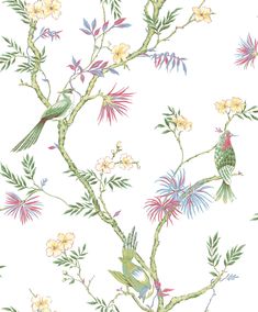 Classic Bird Trail Fresh Wallpaper from the Secret Garden Collection by Galerie Wallcoverings Multicoloured Wallpaper, Summer Shades, Country Cottage Style, Bird On Branch, Decor Pillows, Japanese Woodblock Printing, Burke Decor, Accent Wallpaper, Bird Garden