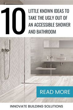 an advertisement for a bathroom with white tile on the walls and floor, in front of a