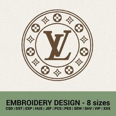 the logo for embroidery design - 8 sizes is shown in brown and green colors on a white background