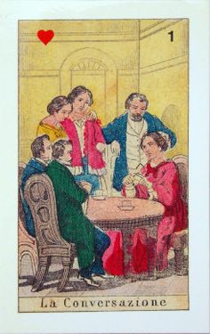 a card with an image of people sitting at a table and one man standing in the middle