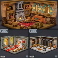 the interior of a house made out of lego blocks and bricks is shown in three different views