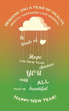 a happy new year card with an image of a cloud and hearts hanging from it