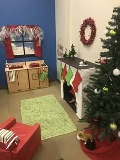 a living room with a christmas tree and other decorations