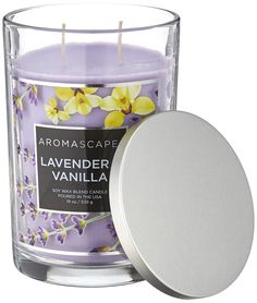 lavender vanilla scented candle in glass container