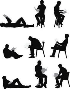 silhouettes of people sitting in chairs and reading books, one man is laying on the floor