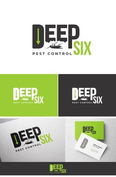 the logo for deep six pest control is shown in black and green colors, with an arrow