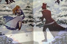 an image of a man and woman in the snow with christmas trees behind them as if they were holding hands