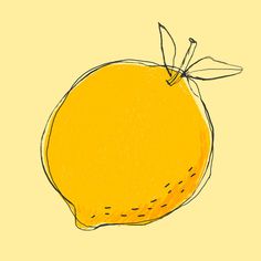 a drawing of a lemon with a leaf on it's tip, in yellow background