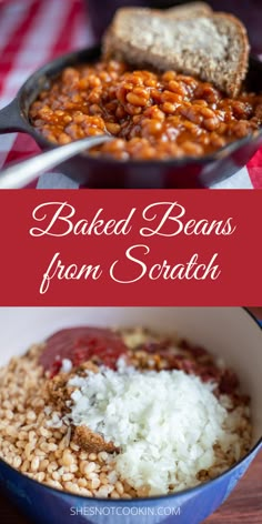 baked beans from scratch in a skillet with rice and bread