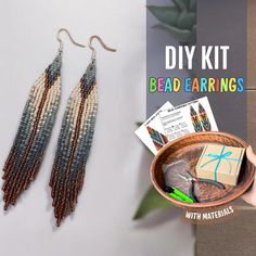 the bead earrings are being displayed next to a box with beads on it and a card that reads diy kit bead earrings