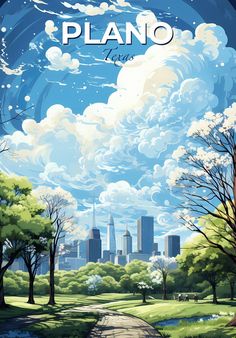 a painting of a city park with trees and clouds in the sky