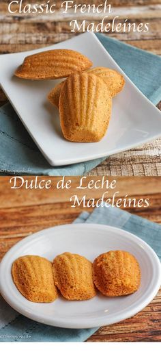 two plates with muffins on them and the words, classic french madelines