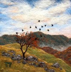 a painting of birds flying over a hill