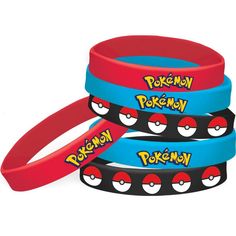 three bracelets with pokemon characters on them, one is red and the other is blue