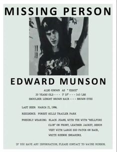 the missing person poster for edward munson, who was murdered by police in 1971