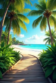 a wooden walkway leading to the beach with palm trees