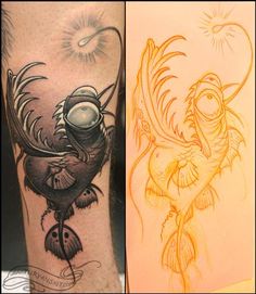 two different tattoos on the legs of people with one being a bird and the other is a fish