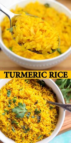 two bowls filled with yellow rice on top of a wooden table