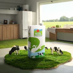 cows grazing on the grass in front of a milk carton