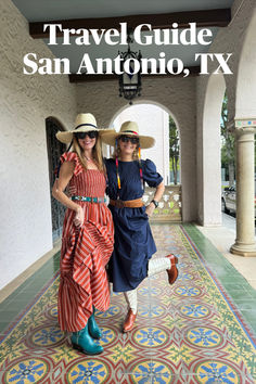 two women wearing hats and dresses standing in front of an archway with the words travel guide san antonio, tx