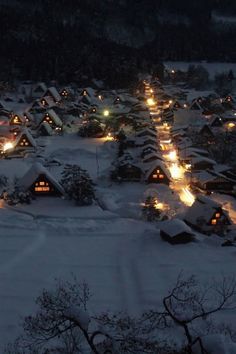 a snowy village at night with lights on the houses and trees in the foreground