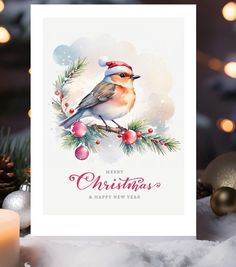 a christmas card with a bird sitting on top of a pine branch and decorations around it