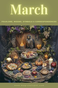 the cover of march folklore, moon symbols and correspondences with an owl sitting on a table