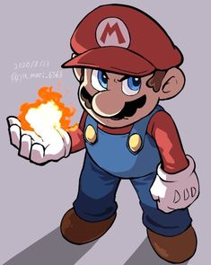 the mario bros character is holding his hand out and pointing at something with fire coming from it