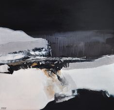 an abstract painting with black, white and grey colors on it's surface is shown