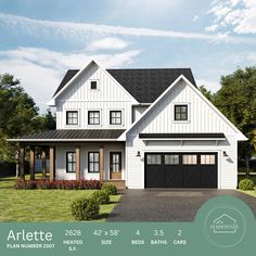 a white house with black garage doors on the front and side windows is featured in an ad for arlete