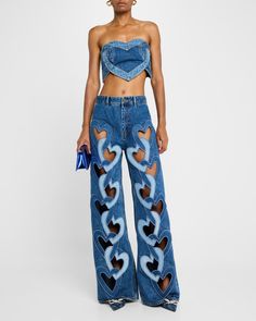 AREA Patchwork Denim Heart Bandeau Top | Neiman Marcus Heart Shaped Fashion, Pants With Cutouts, African Print Skirt Ankara Styles, Clothing Diys, Cutesy Clothes, Reworked Denim, Crop Top With Jeans, Cowboy Theme, Jean Crafts