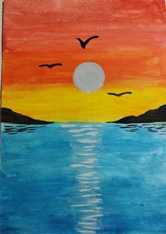 a painting of a sunset with birds flying over the water