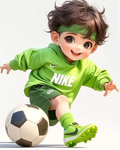 a young boy in green shirt kicking a soccer ball on white background with nike logo