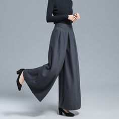 "DETAILS: * 50% wool, 50% polyester fiber * Polyester Lining * Two side pockets * Right hidden zipper closure * Pleated detail * High waisted pants * Wide leg pants * Perfect for Winter, autumn * Dry clean *The model is 170cm (5' 7\") tall with 85 cm(33.4\") bust and 67 cm(26.7\")waist. She is wearing the dark gray wool pants in size XS. Choose CUSTOM Order if you * Can't find your size in our size Chart * Chang the Length * Your Height is not Between 5'1\" - 5\"9\" * Your weight is over 75 kg S Chic High Waist Wool Wide Leg Pants, Chic High Waist Wide Leg Wool Pants, Wide Leg Wool Bottoms For Fall, Tailored Wool Wide Leg Pants With High Waist, High Waist Wool Wide Leg Pants For Work, Tailored Wool High Waist Wide Leg Pants, Full Length Wool Bottoms For Fall, Tailored High Waist Wool Wide Leg Pants, Chic High-waist Wool Wide Leg Pants