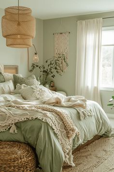 a bedroom with a large bed, wicker basket and hanging plants in the corner