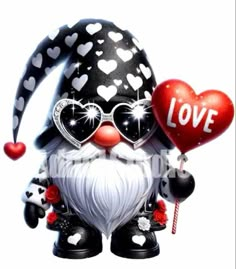 an image of a valentine gnome with heart shaped balloons in his hand and the word love written on it