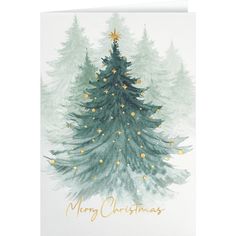 a christmas card with a watercolor painting of a pine tree and stars on it