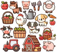 farm animals and farm related items on a white background