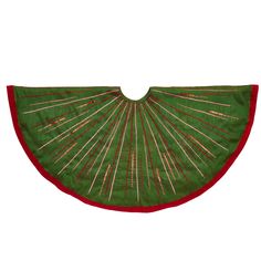 an embroidered green and red cloth with gold lines on the edges, in front of a white background