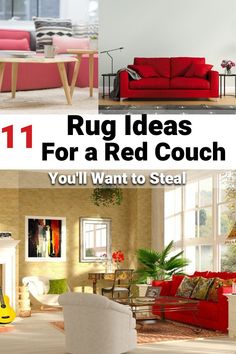 some red couches and chairs in a living room with the words rug ideas for a red couch you'll want to steal