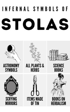 the international symbols of stolas are shown in black and white, with an image of