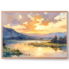 a watercolor painting of the sun setting over a lake with mountains in the background