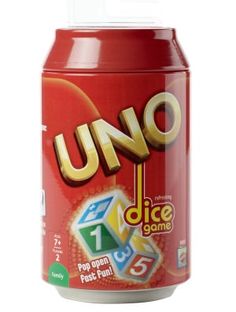 uno dice game tin with red lid and white top, on a white background in front of the image is an uno dice logo