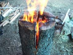 there is a fire burning in the middle of some logs on the ground next to a pile of wood