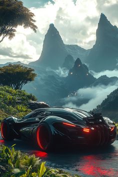 an image of a futuristic car driving on the road in front of mountains and clouds