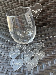 wine glasses with names and hearts on them