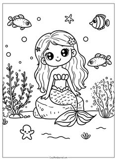 a little mermaid sitting on top of a rock under the sea with fish and plants