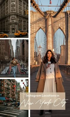 a woman standing in front of a bridge with the words instagram locations in new york city