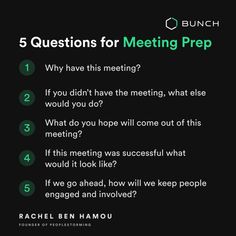 the five questions for meeting prep on a black background with green text that reads 5 questions for meeting prep