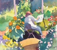 a painting of a man sitting in a garden